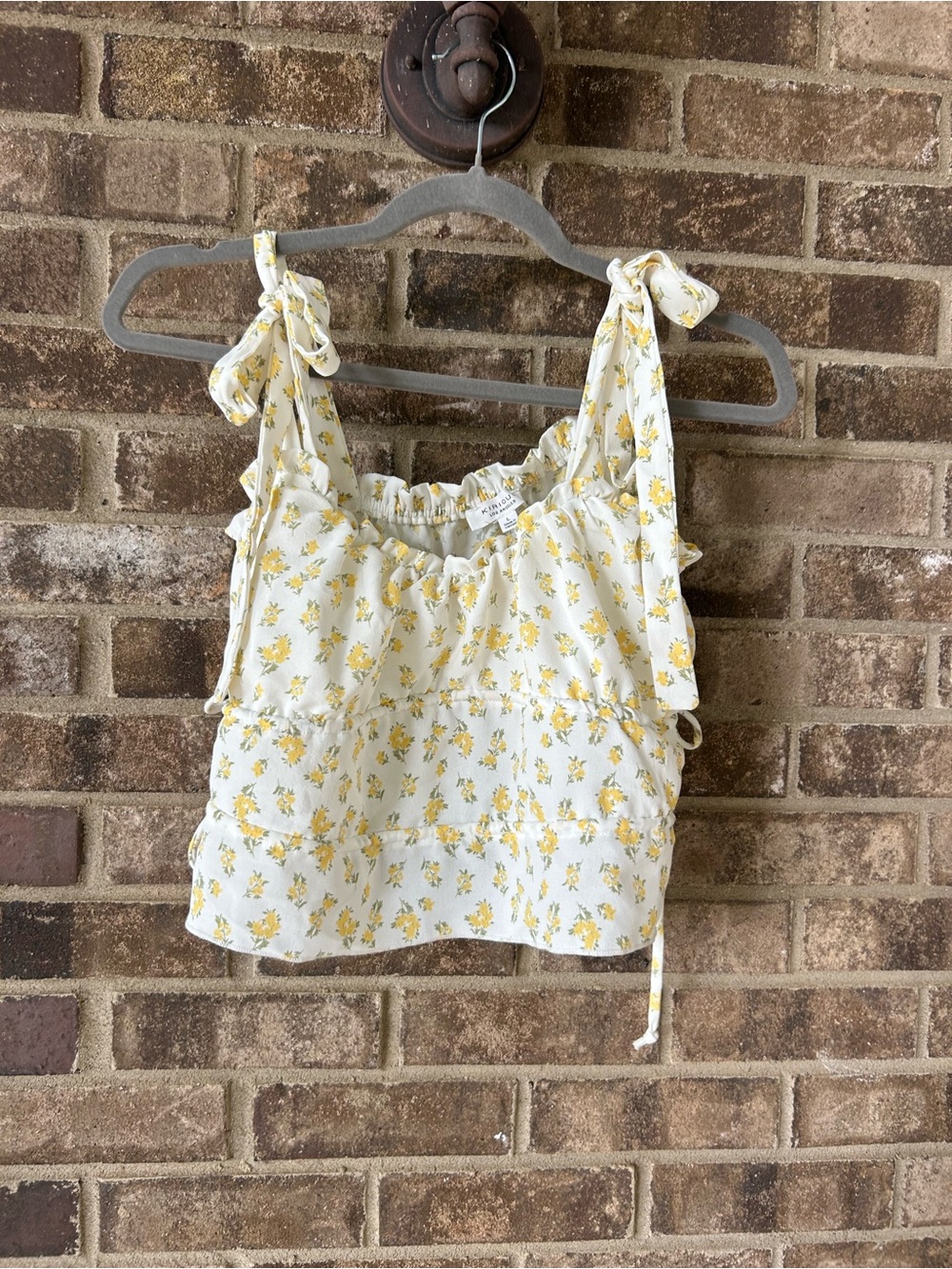 KIRIOUS Los Angeles Floral Tie Strap Crop Top Large Yellow Boho Cottagecore